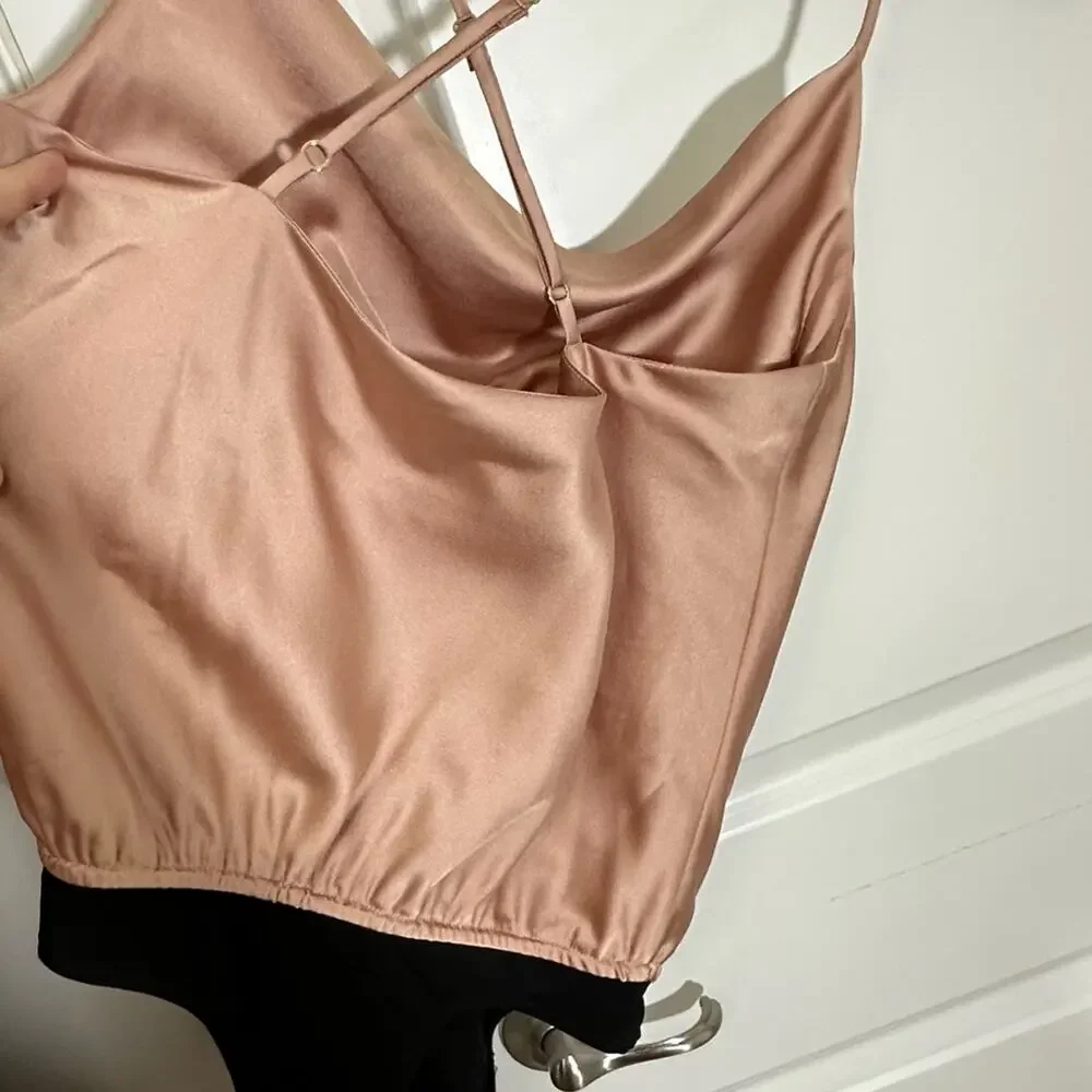 Show Me Your Mumu Tank Top Diane Bodysuit Rose Gold Satin Quiet Luxury Medium